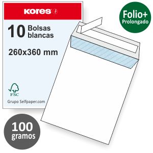 Bolsas sobres 260x360 folio prolongado 100g Blanco pte. 10