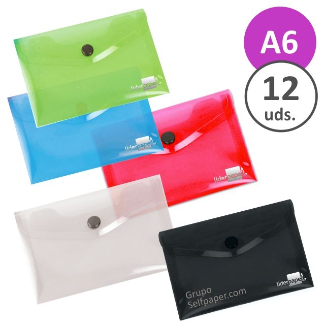 Comprar Pack 12 sobres plástico broche botón A6, 125x185 mm, colores