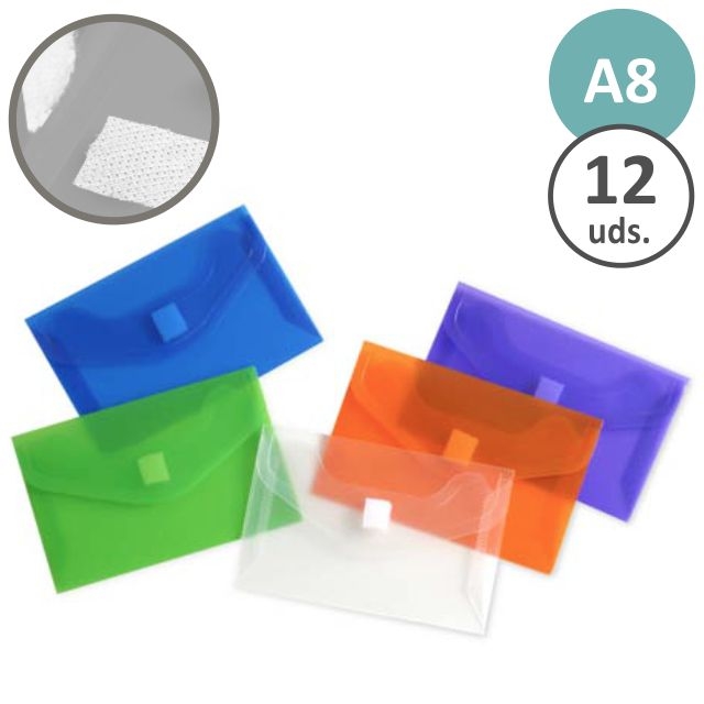 Comprar Pack 12 sobres plástico cierre velcro A8 surtidos 70x110