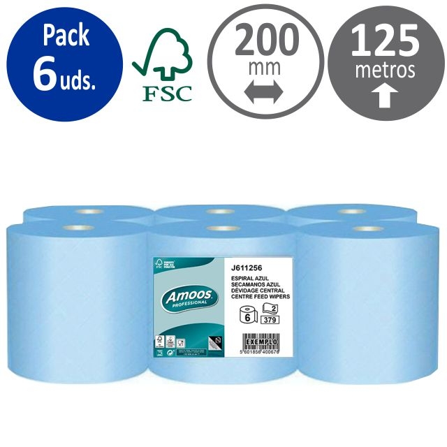 Comprar Pack 6 rollos papel secamanos azul profesional Amoos 2 capas