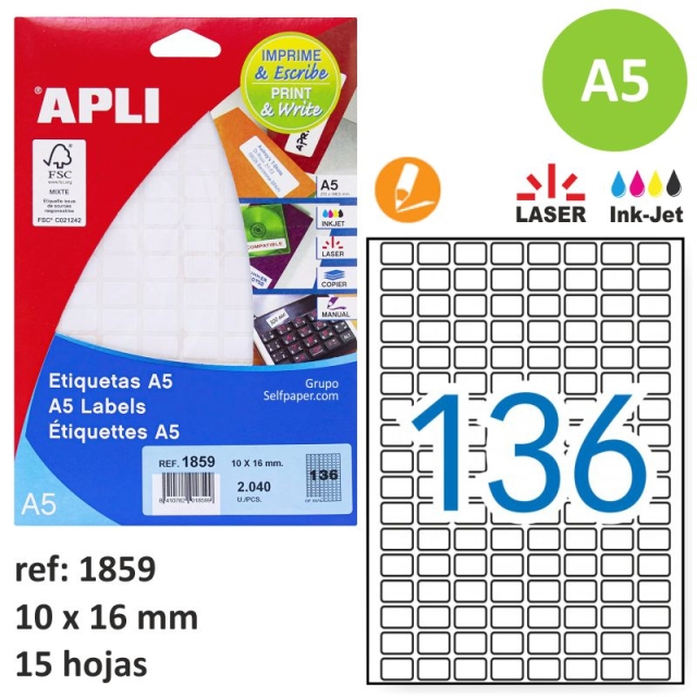 Comprar Etiquetas Apli 01859, 10x16 mm, 15 hojas Din A5, láser inkje