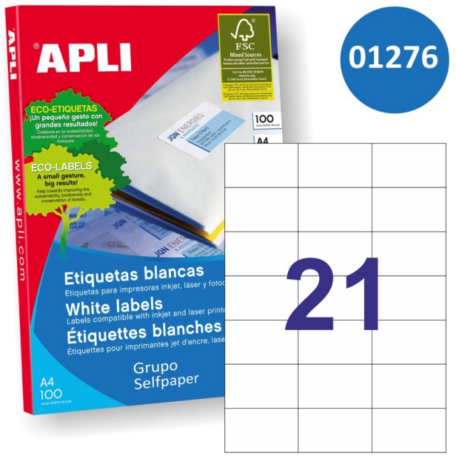 Comprar Apli 1276 etiquetas adhesivas A4 - 70x42.4mm 21X impresora
