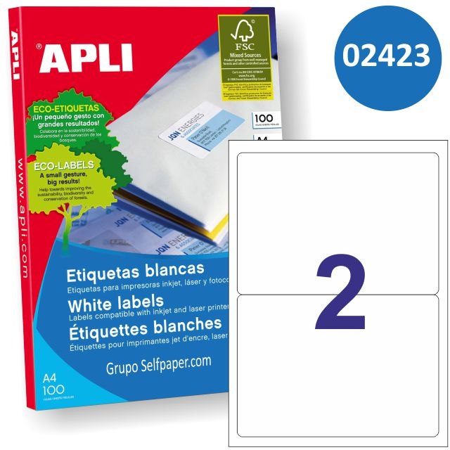 Comprar Etiquetas adhesivas Apli 2423, 2 por hoja, 199,6x144,5 mm