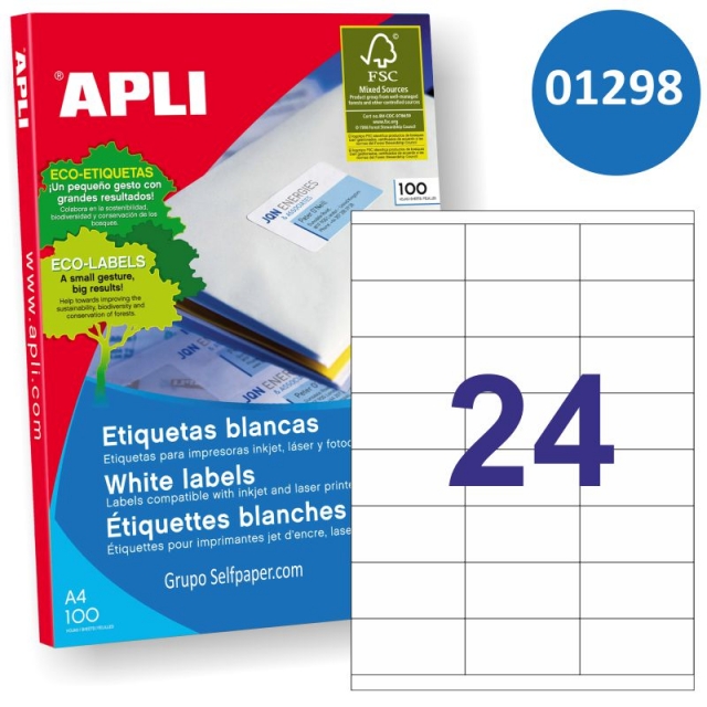 Etiquetas Apli 1298 - Pegatinas impresora Din A4 24x 70X36