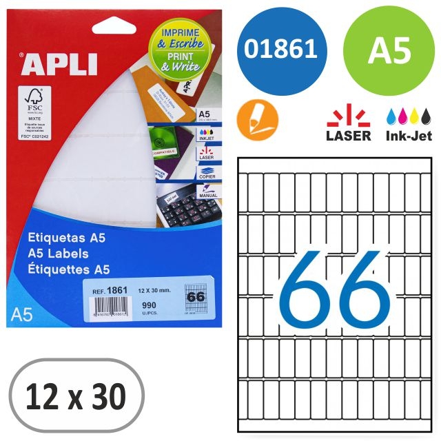 Comprar Etiquetas Apli 1861 12x30 mm 66x, sobre 15 hojas Din A5