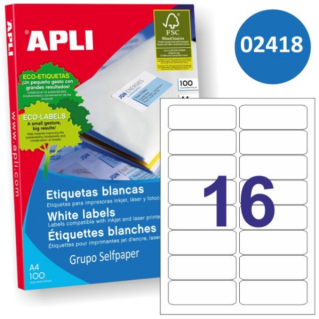 Comprar Etiquetas Apli 2418, 16 por hoja 99,1x34 mm, caja 100