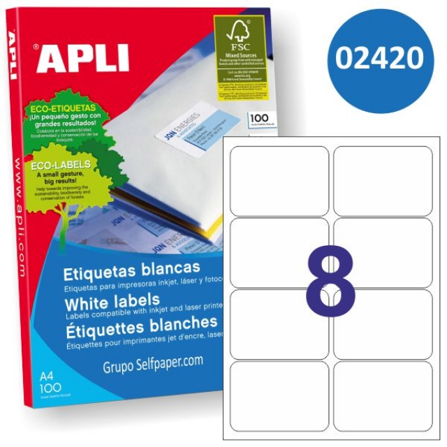 Comprar Etiquetas Apli 2420, 8 por hoja 99.1 X 67.7 mm