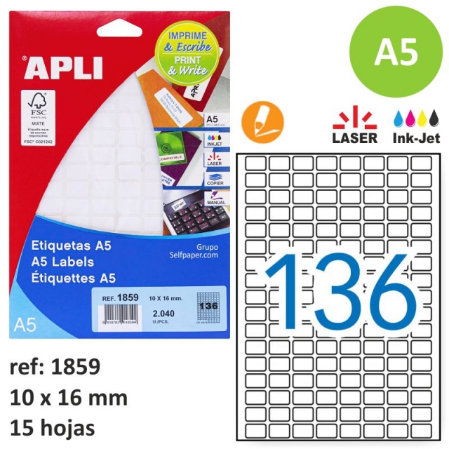 Comprar Etiquetas Apli 1859, 10x16 mm, 15 hojas Din A5, láser inkjet