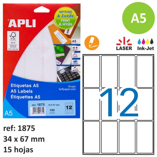 Comprar Etiquetas Apli 1875, 34x67 mm - 15 hojas Din A5