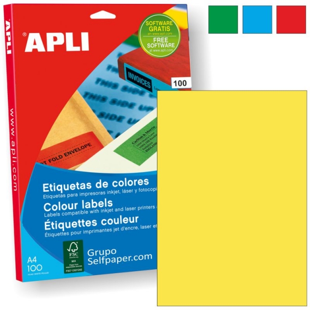 Comprar Etiquetas Apli Din A4 color amarillo. Papel adhesivo C/100 h