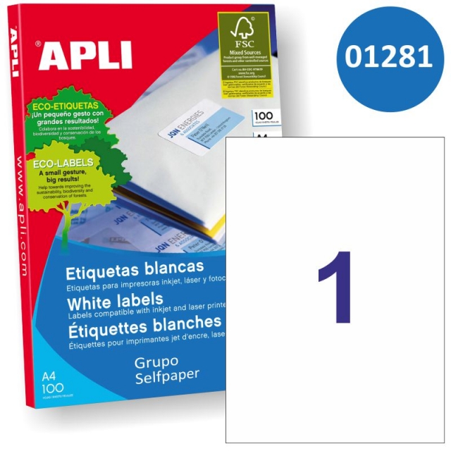 Comprar Etiquetas Apli Din A4 - 01281 - papel adhesivo impresora