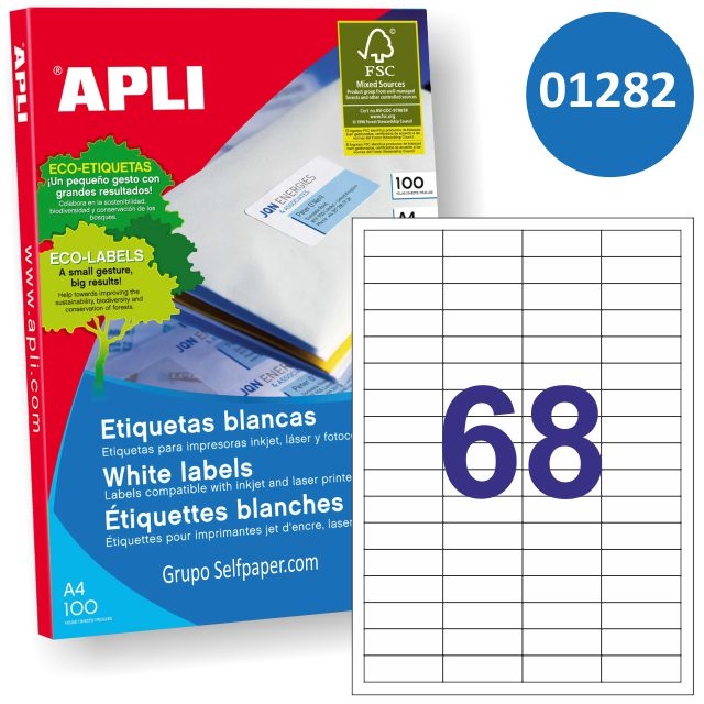 Comprar Etiquetas Apli 1282 Din A4, 68 por hoja, 48,5 x 16,9 C/100h