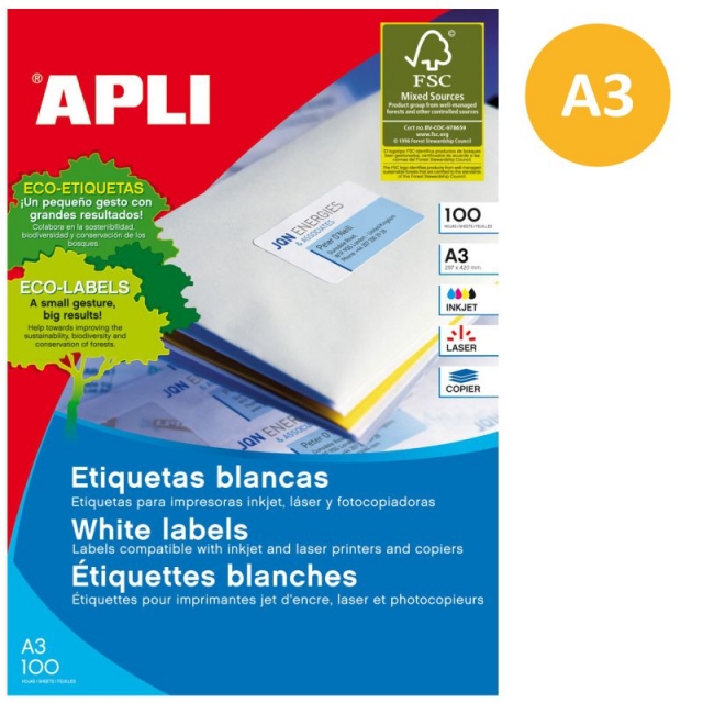 Comprar Etiquetas Din A3 Apli, imprimibles 297x420 mm 100 hojas
