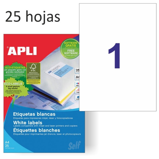 Etiqueta para Impresora Din A4 papel blanco paquete 25 hojas