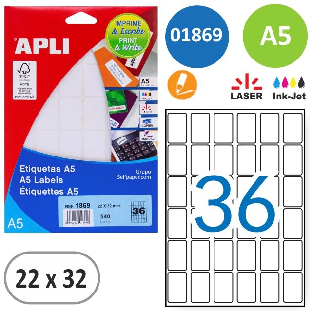 Comprar Sobre de etiquetas Apli 1869, 22x32 mm, 15 hojas Din A5