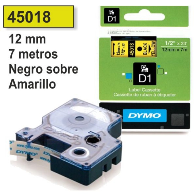 Comprar Cinta Dymo 45018 Negro-amarillo. Para rotuladoras D1 - 12mm