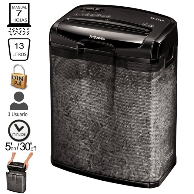 Comprar Destructora Fellowes M-7CM, 7 hojas - Papelera rejilla metal