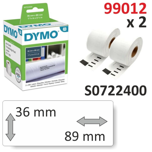 Dymo 99012 / S0722400 étiquettes compatibles, 89mm x 36mm, 260 étiquettes  blanches, permanentes