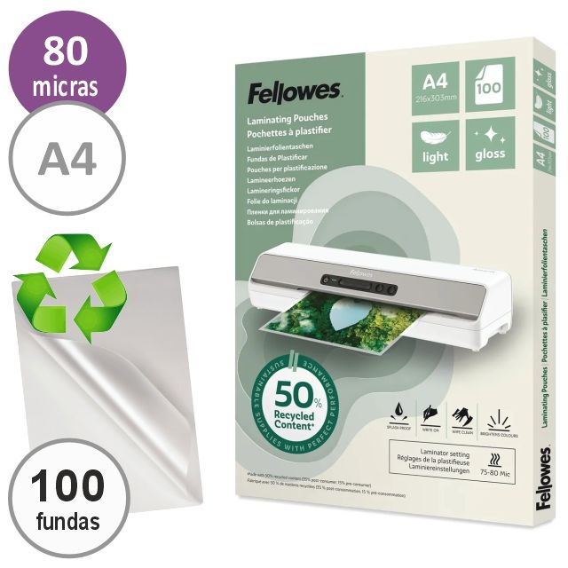 Comprar Fundas de plastificar Fellowes A4 80 micras 50% recicladas