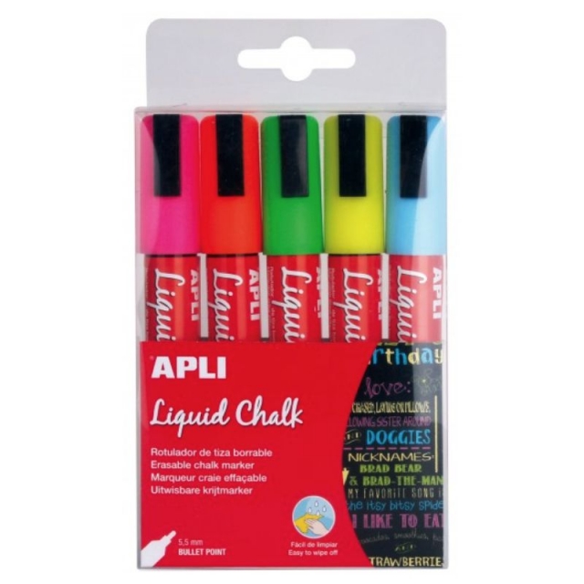 Comprar Rotuladores de Tiza liquida, Pack 5 colores Apli Chalk