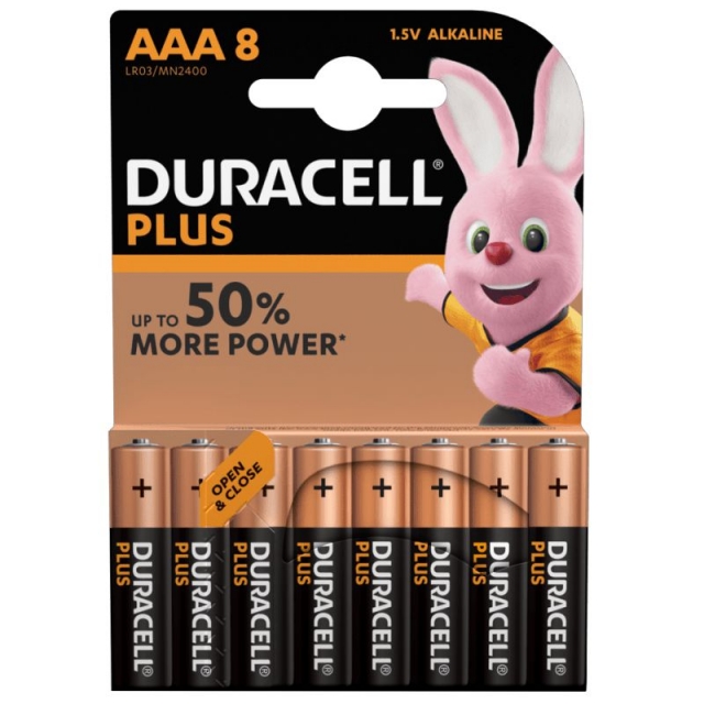 duracell plus 50% aaa lr03, pack ahorro 8 baterías