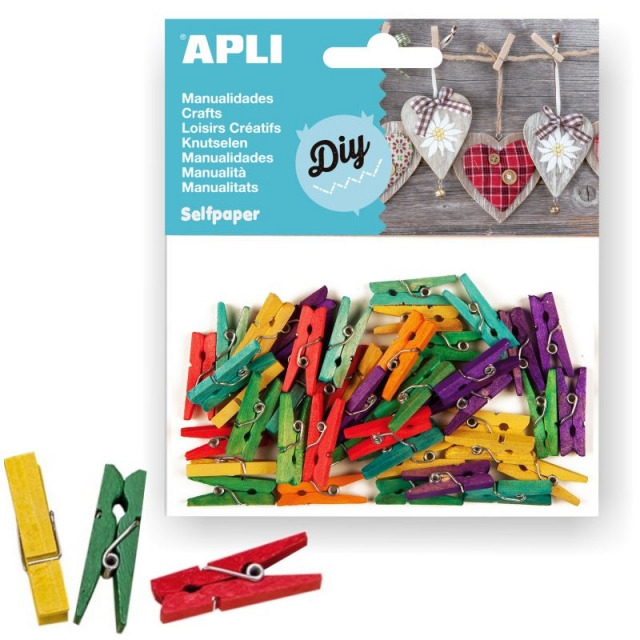 Comprar Pincitas de madera de colores 25mm, Apli, Pack 45 unds.