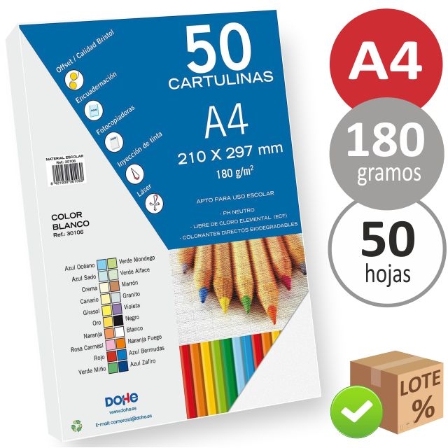 cartulinas blancas din a4, folio, 180 grs, 50 hoja