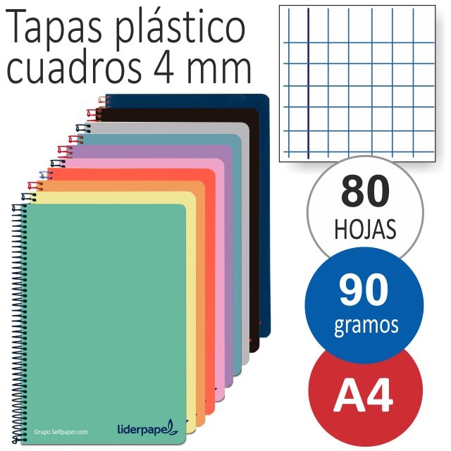 Comprar Libretas tapas de plástico, papel de 90 gramos, cuadros 4 mm