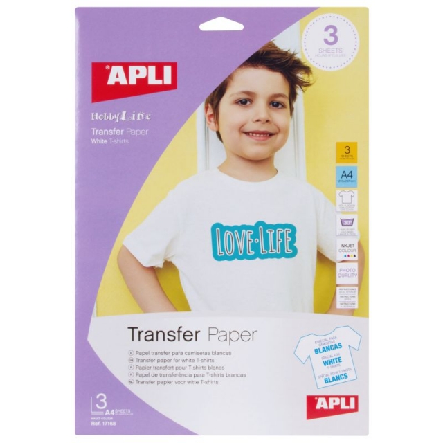 Apli 04128, 10 hojas papel transfer camisetas, tela blanca