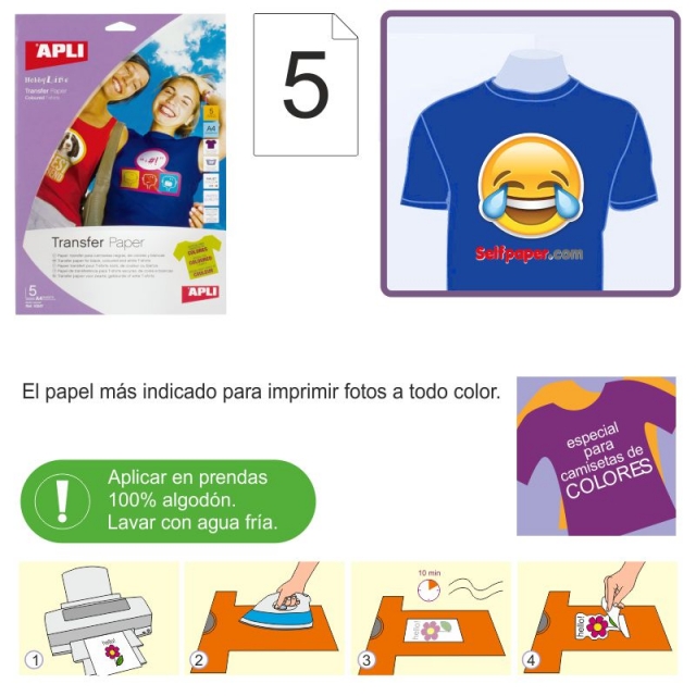 PAPEL TRANSFER PARA CAMISETAS ALGODÓN A4 INKJET 5H APLI - PAPEL ESPECIAL