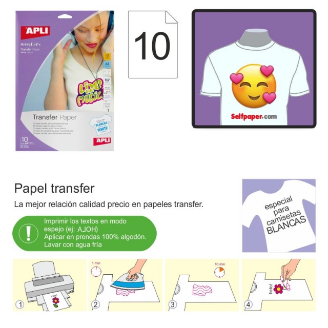 Apli 04128, 10 hojas papel transfer camisetas, tela blanca