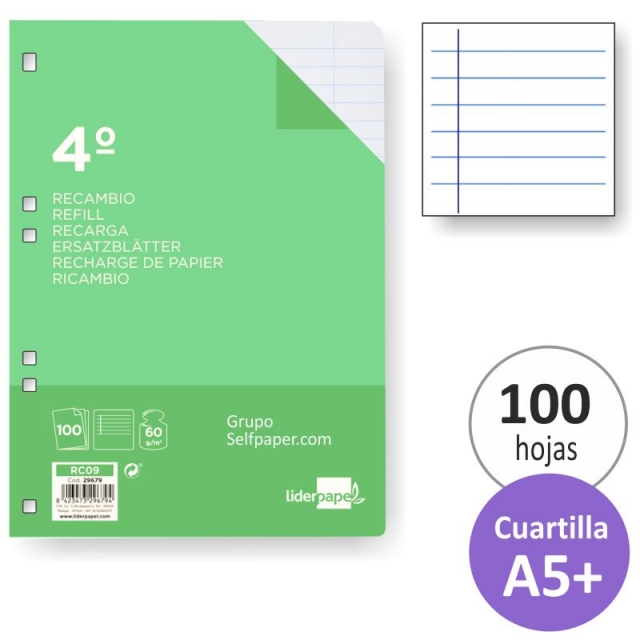 Comprar Recambio cuartilla, Din A5+, 1 raya horizontal, medio folio