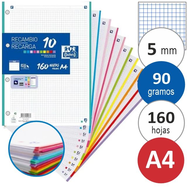 Comprar Recambio Oxford 10 colores, cuadros 5 mm, 160 hojas 90 grs