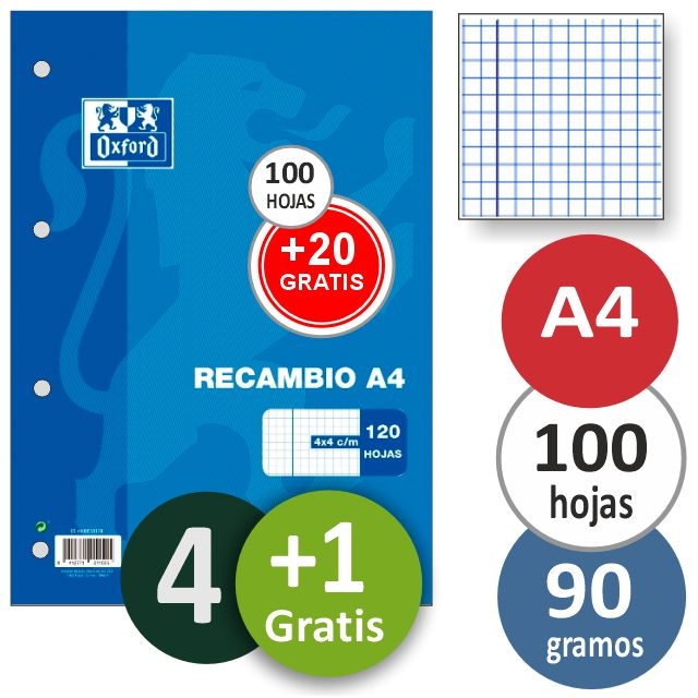 recambio oxford papel 90 gramos cuadros 4 mm