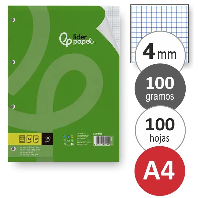 Comprar Recambio para carpeta 4 anillas Din A4 cuadros 4 mm 100 grs