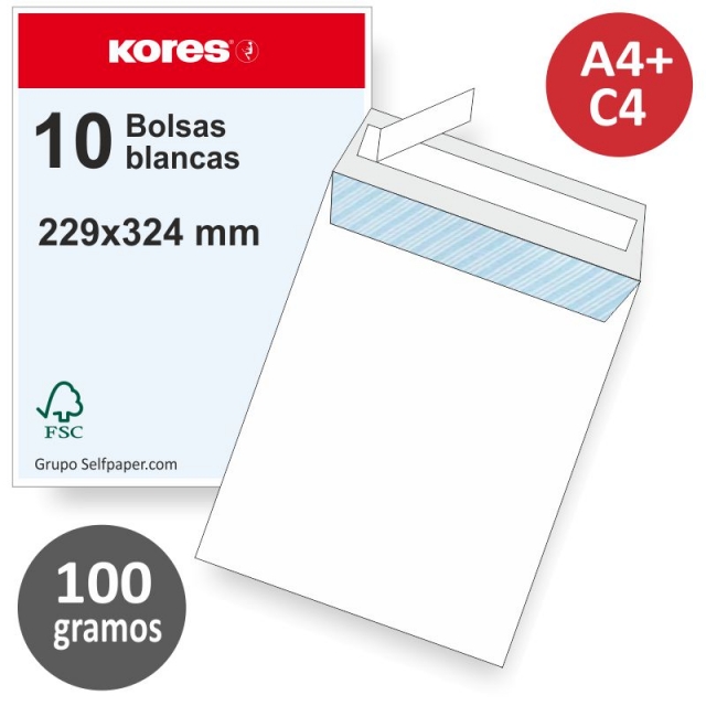 Comprar Bolsas sobres 229x324, Din A4+, C4, 100 grs Blancas Pack.10