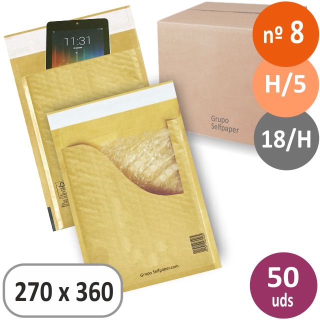 Comprar Caja 50 sobres acolchados, bolsas burbujas nº 8, H5, 270x360