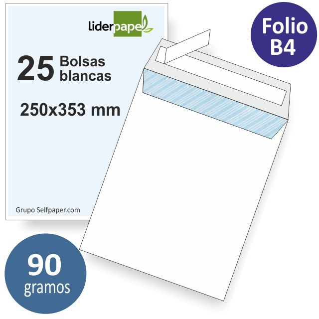 Comprar Pack 25 Bolsas sobres 250x353 folio, Din B4, 90 grs. blancos