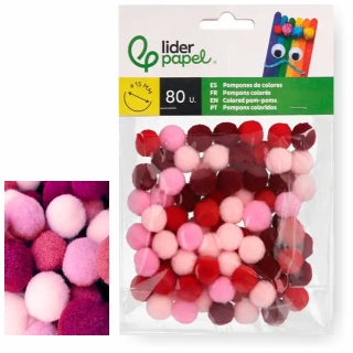 Pack 80 pompones manualidades rojos, rosas,  Liderpapel MX22