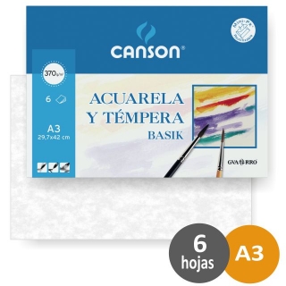 PAPEL ACUARELA BASIK CANSON DIN A3 370 GR PACK DE 6 HOJAS