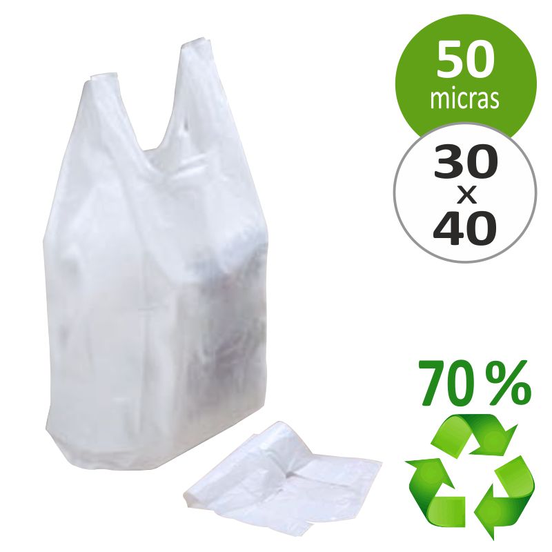 Comprar Bolsas de Plastico con asas, Camiseta 30x40cm, 70% Reciclada
