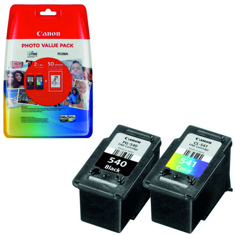 Pack Canon PG-540XL + CL-541XL + Papel Glossy, Negro + ColoR, Selfpaper.com.