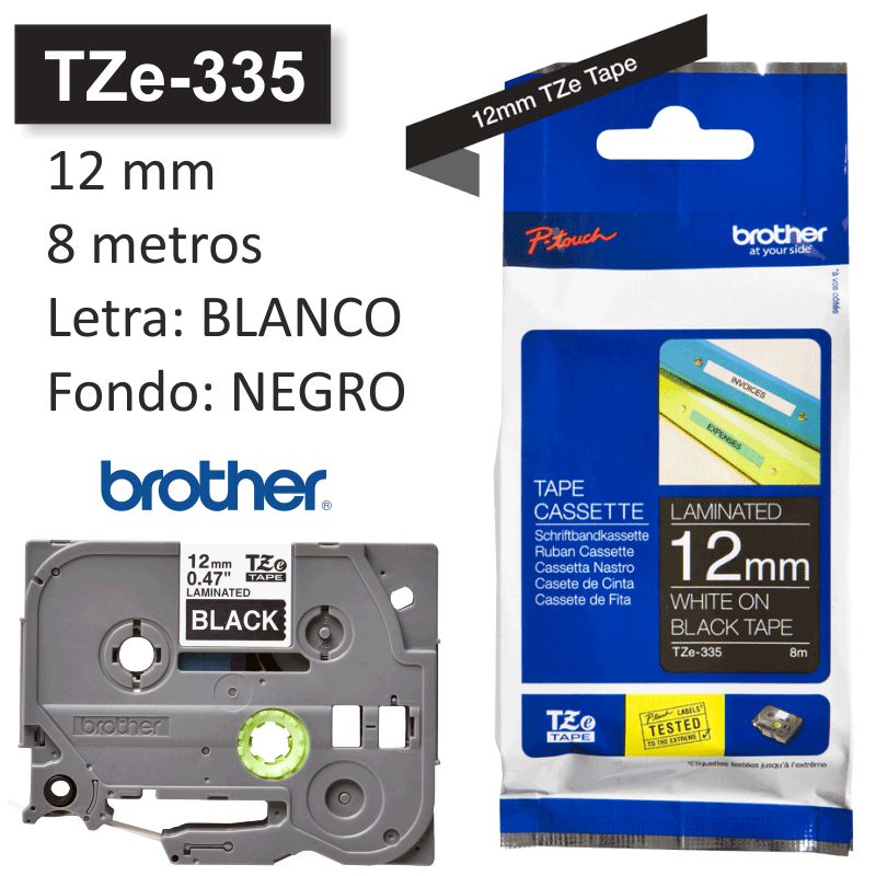 Brother TZe-335, Cinta rotuladora 12 mm blanco sobre negro, Selfpaper.com.