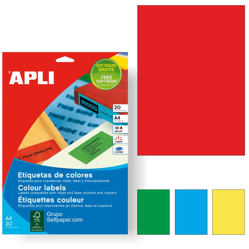 Etiquetas adhesivas Din A4 color rojo para impresora 20 hjs
