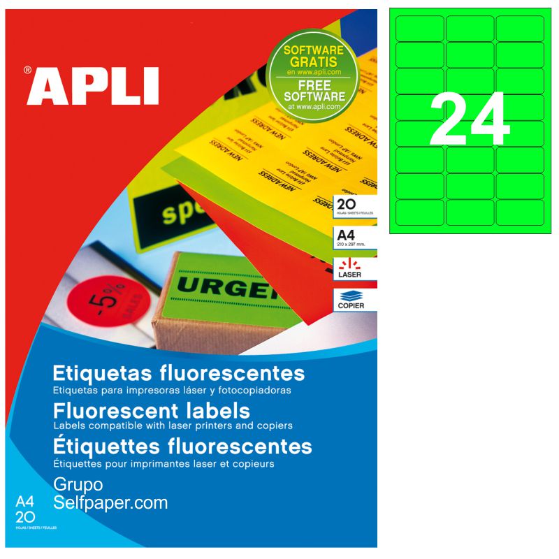 Etiquetas Apli 2873 Verde fluorescente 64x33,9 Pack 20 hjs