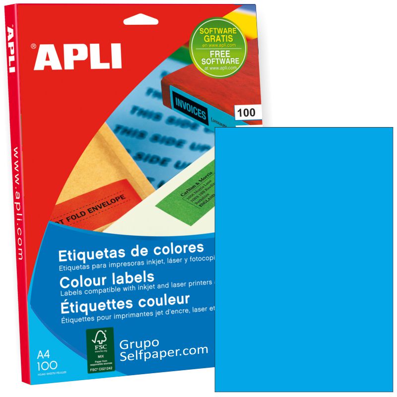 Etiquetas Apli 11839 Papel adhesivo Din A4 Azul C/100 hojas