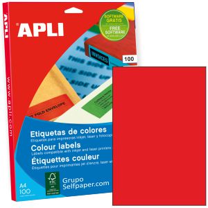 Etiquetas Apli 11840 Papel adhesivo Din A4 rojo caja 100 hjs
