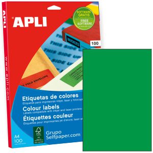 Etiquetas Apli 11841, Papel adhesivo Din A4 Verde C/100 hjs