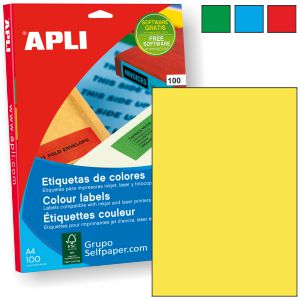 Etiquetas Apli Din A4 color amarillo. Papel adhesivo C/100 h