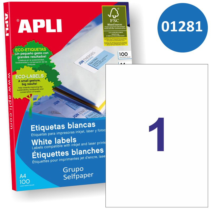 Guerrero sesión Nota Etiquetas Apli Din A4 - 1281 - papel adhesivo impresora, Selfpaper.com.